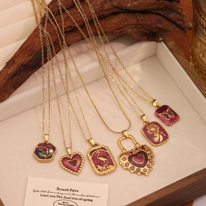 Stainless Steel Pendant Necklace French Retro Enamel Heart Butterfly For Women Vintage Jewelry Elegant Accessory