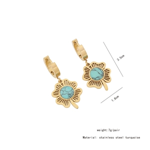 Detailed view of gold stainless steel clover earrings with turquoise stone and dimensions