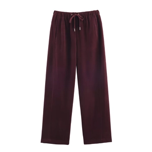 Pantaloni A Gamba Larga A Vita Alta Da Donna In Tessuto Di Poliestere Vita Elastica Con Coulisse Casual