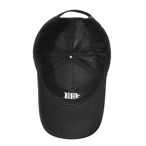 Inside view of black cotton baseball cap with embroidered logo and metal adjustment buckle