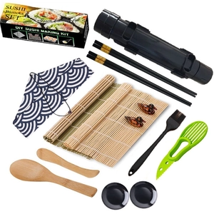 Complete DIY sushi making kit with bazooka roller, bamboo mat, and wooden accessories