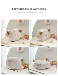 Detail views of cream lamb wool small crossbody bag with cute cartoon sheep embroidery