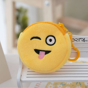 Cute yellow plush emoji shoulder bag with winking expression and plastic hook