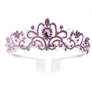 Detail of purple crystal bridal tiara featuring heart-shaped rhinestones and side combs