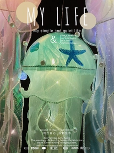 Detail of DIY jellyfish lamp with warm LED lights, mesh lace, and sea shell ornaments