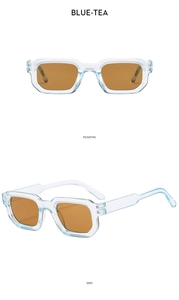 Front and side views of light blue rectangle sunglasses with brown tinted lenses