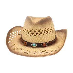 Western Cowboy Straw Hat Paper Breathable Hollow Out Wide Brim Beach Sun Hat With Wooden Beads And Turquoise Decoration