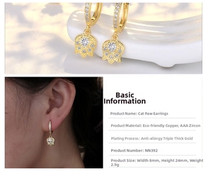 Macro view and model wearing golden cat paw earrings with AAA zircons and size specs