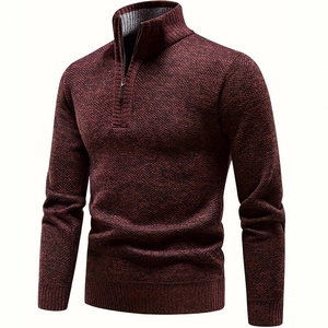 Men's burgundy knit sweater with high neck zipper and thick fleece lining texture