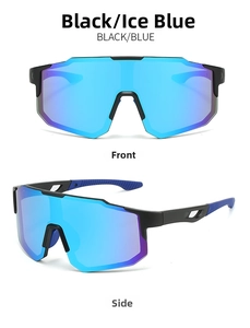 Front and side view of black frame sports cycling sunglasses with ice blue mirrored lenses