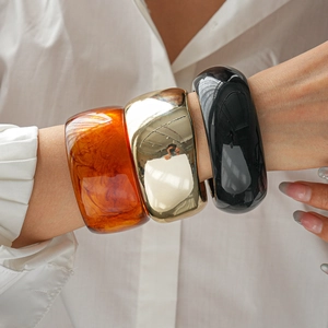 Retro Chunky Bangle Bracelet Women Resin Alloy Geometric Amber Marble Glossy Black Mirror Gold Fashion Jewelry