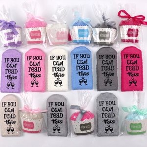 Coral velvet sleep socks in cupcake gift packaging with anti-slip lettering on soles
