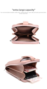 Borsa a tracolla in pelle PU rosa con fessure per carte e grande scomparto per cellulare