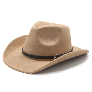 Close-up of camel suede cowboy hat featuring wide brim and textured black leather band