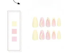 Detail view of oval press-on nails featuring yellow pink wavy lines and silver glitter accents
