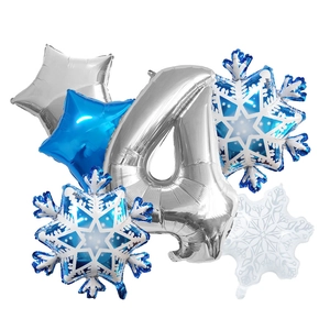 Detail of silver number 4 balloon set with blue and white snowflakes for 4th birthday