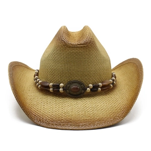 Handmade Straw Cowboy Hat Western Retro Paper Sun Protection Wide Brim Ethnic Beaded Band Beach Travel Hat For Men Women