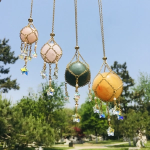 Interchangeable Crystal Ball Net Holder Metal Mesh Pendant With Star Artificial Pearl Tassels Hanging Ornament Spiritual Home Decor