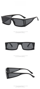Three-view layout of futuristic square sunglasses with hollowed side frames and dark lenses