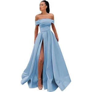 Elegant light blue off-shoulder satin evening gown with high slit and floor-length hem