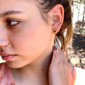 Elegant gold floral earrings with colorful crystal gemstones and diamond accents
