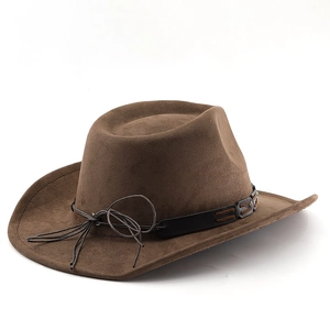 Detailed view of dark brown suede cowboy hat with stitched band and decorative rope accent