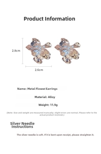 Detail specifications of silver flower earrings showing 2.8cm size and metal texture