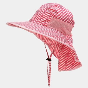 Detailed side view of pink striped sun hat with mesh vents and protective neck flap