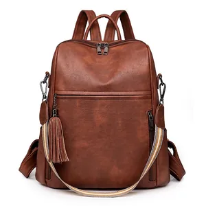 Vintage PU Leather Backpack For Women Large Capacity Multi Functional Shoulder Bag With Tassel And Rainbow Striped Strap