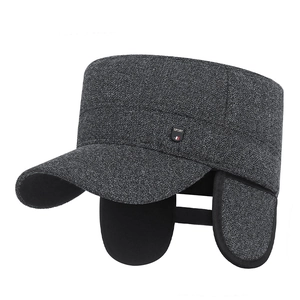 Men's winter flat top thermal cap with ear flaps in textured dark grey sport style