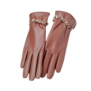 Elegant brown PU leather gloves with gold chain accent for women on white background