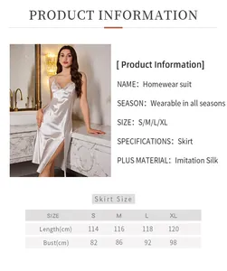 Size chart showing measurements for the sexy white silk nightgown with lace trim