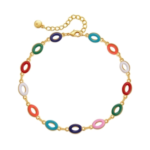 Detailed close-up of colorful enamel oval links and lobster clasp on gold chain