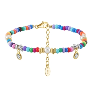 Bracelet en Argent Sterling S925 Avec Künstliche Perles de Verre Colorées Künstliche Perle de Coquillage Pendentif Zircon Style Bohème
