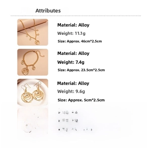 Detail specifications of golden spiral flower jewelry set including necklace, bracelet and earrings