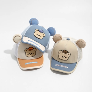 Three mesh baby baseball caps with cute bear ears and cartoon patches in various colors