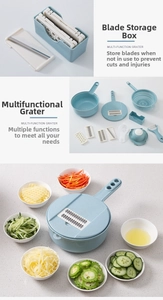 Detail view of multifunctional kitchen grater set with blades and egg separator