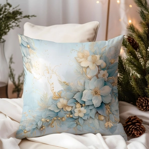 Detail of Christmas pillowcase with blue winter floral patterns and golden accents