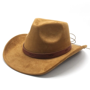 Classic brown faux suede western cowboy hat with embossed ethnic leather decorative band