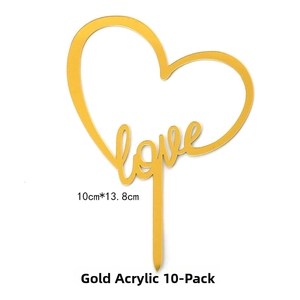 Macro detail of gold mirror acrylic heart cake topper with love text in 10-piece pack