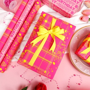 Happy Birthday Gift Wrapping Paper Roll Fluorescent Pink Yellow For Anniversary Celebration Party Decorative Packaging Novelty