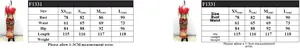 Size chart detail for sequin feather evening dress with measurements from XS to L