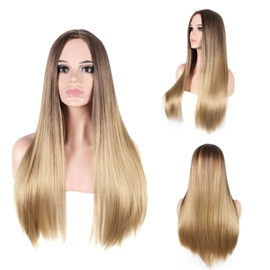 Detailed views of long straight ombre wig showing gradient brown to blonde from three angles