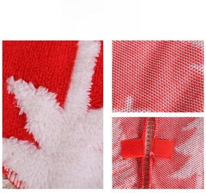 Detailed view of red and white knit Christmas pet costume with soft plush trim and velcro