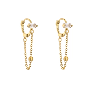Gold tassel drop earrings with rectangular zircon and dangling chain fringes