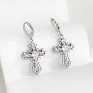 Silver cross hoop earrings with oval main stone and pavé cubic zirconia settings