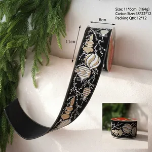 Christmas black velvet ribbon with gold and silver ornament prints for gift wrapping