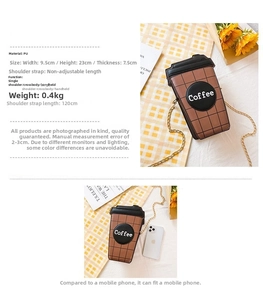 Detailed view of coffee cup-shaped PU crossbody bag with dimensions and phone comparison