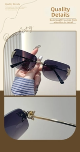 Macro detail of rimless Y2K sunglasses with crystal butterfly hinge and gold temple