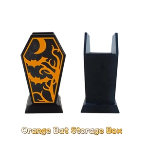 Gothic coffin-shaped makeup brush holder with orange bat and crescent moon cutout